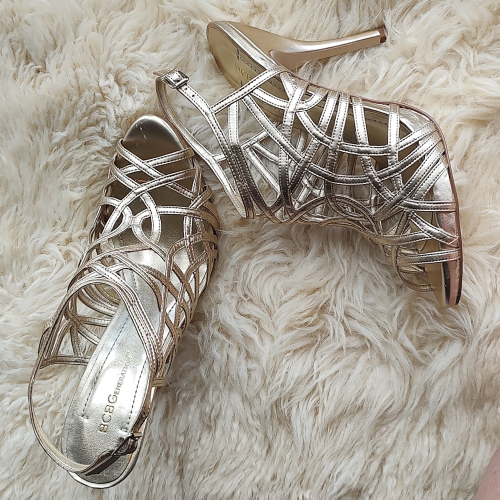 BCBGeneration soft gold, metallic, strappy high heels